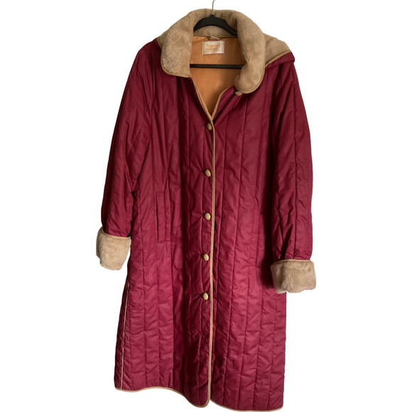 Fingerhut Fashions Women's 18 Red Maroon Coat Quilted Faux Fur Trim Details - Picture 1 of 14
